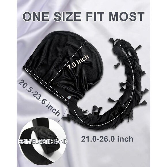 ⚡Men Women 1 Pcs- Black Satin Head Wraps Skull Cap Tassels Braid Beanie Turban - Picture 3 of 9